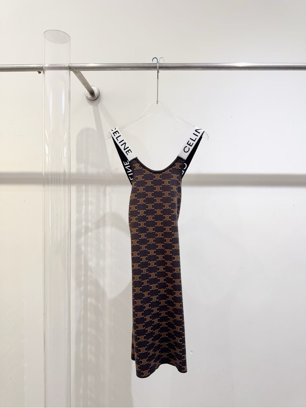 Celine Brown Monogram Midi Slip Dress with White Branded Straps
